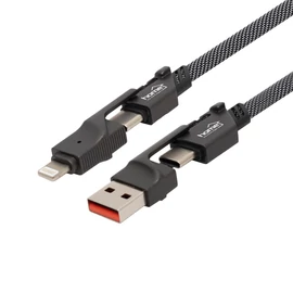 Home USB4X1 töltőkábel, 4in1, USB C-C / A-C / C-LIGHTNING / A-LIGTNING, 1.1 méter, 66W gyorstöltés, szőtt nylon burkolat, lapos, gabalyodásmentes kábel