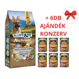 Happy&Fit Natural Adult Lamm&Reis XL 12kg + AJÁNDÉK 6 DB x 400gr-os Happy Fit Kacsa-Sonka-Sütőtök konzerv