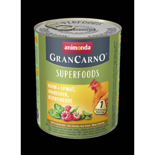 Animonda GranCarno Adult (superfood) konzerv - Felnőtt kutyák részére, csirke,spenót,málna,tökmag (800g)