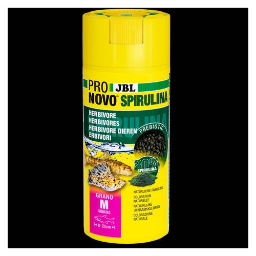 JBL ProNovo Spirulina Grano "M" - Spirulina tápgranulátum M-es méretben minden 8-20 cm-es akváriumi halhoz (250ml/125g) CLICK