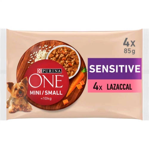 PURINA ONE MINI/SMALL Sensitive (lazaccal, rizzsel, répával) nedves kutyaeledel 4x85g