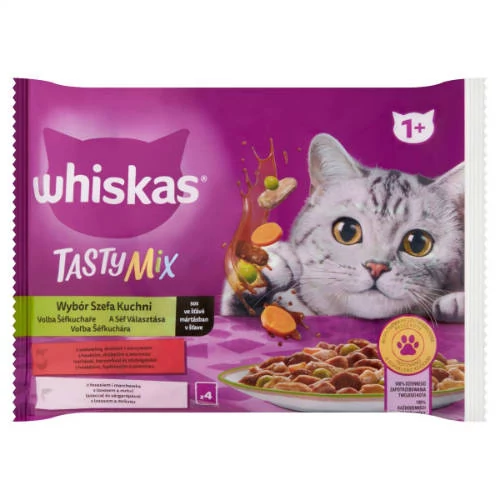 Whiskas TastyMix 1+ - Nedves eledel (marha,baromfi-zöldség,lazac-sárgarépával szószban) macskák részére (4x85g)