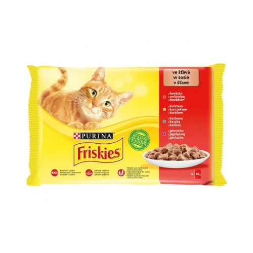 Friskies nedves macskaeledel szószban - csirkével, marhával, báránnyal, kacsával 4 x 85 g
