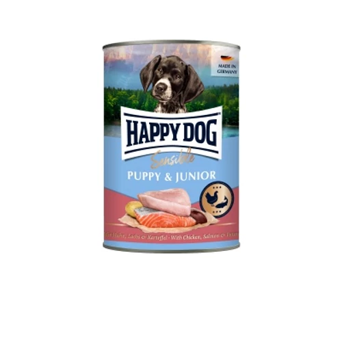 Happy Dog Supreme Sensible Puppy&Junior konzerv, csirke, lazac és burgonya ízesítésű nedves állateledel kölyök és fiatal kutyák számára 6x400 g 400 g