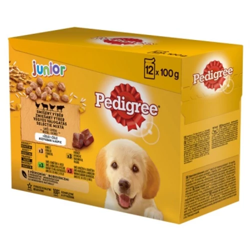 Pedigree Junior alutasakos eledel csirkével és rizzsel, báránnyal és rizzsel, baromfival és rizzsel, marhával és rizzsel 12 x 100 g