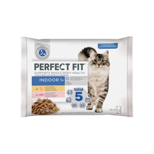 Perfect Fit alutasak csirke-lazac ízesítésben benti macskák részére 4 x 85 g