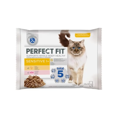 Perfect Fit Sensitive 1+ macskaeledel csirkével és lazaccal érzékeny gyomrú macskáknak 4 x 85 g