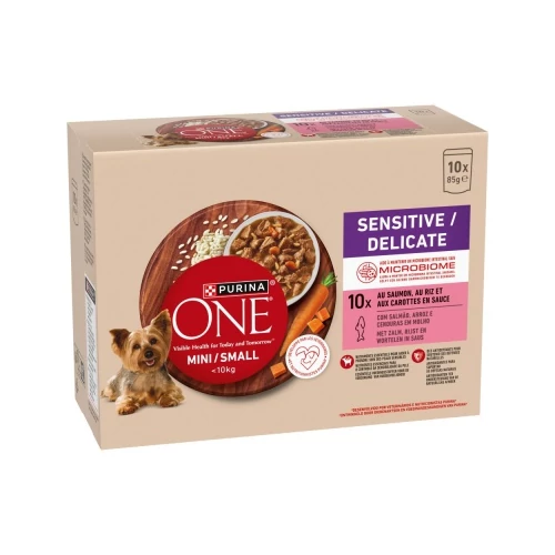 Purina ONE MINI Sensitive/Delicate nedves kutyaeledel lazaccal 10 x 85 g