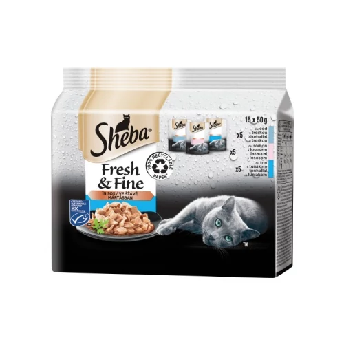 Sheba Fresh & Fine - tőkehallal, lazaccal és tonhallal mártásban 15 x 50 g