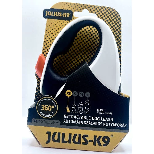 JK9 Retractable Dog Leash -  automata szalagos póráz (fekete-fehér-narancs) kutyák részére (XS) 3 méter