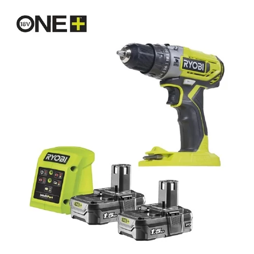 RYOBI 18V 45Nm kétsebességes ütvefúró-csavarozó szett, 2X 1.5Ah akku+ töltő R18PD2-215G