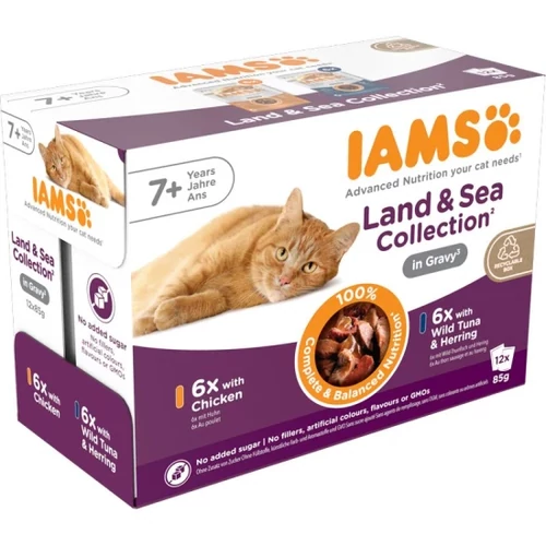 Iams Cat Delights Senior csirke falatkák ízletes szószban, multipack nedves macskatáp 12x85g