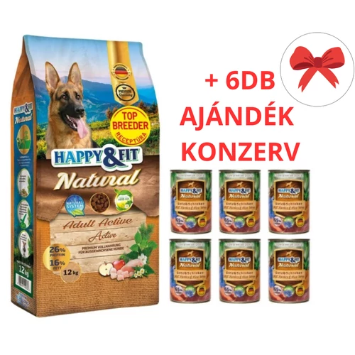 Happy&Fit Natural Adult Active (Top Breeder) XL 12kg + AJÁNDÉK 6 DB x 400gr-os Happy Fit Kacsa-Sonka-Sütőtök konerv