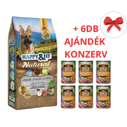 Happy&Fit Natural Adult Lamm&Reis XL 12kg + AJÁNDÉK 6 DB x 400gr-os Happy Fit Kacsa-Sonka-Sütőtök konzerv