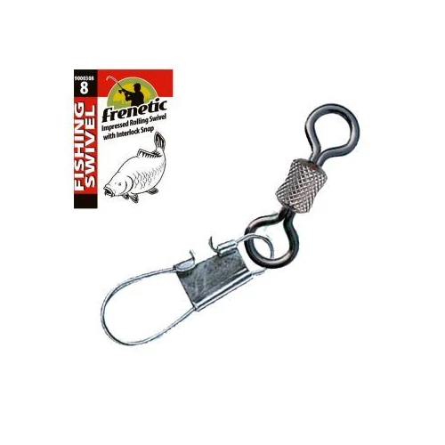 Hengeres forgó kapoccsal Megnevezés: Frenetic Impressed Rolling Swivel With Interlock Snap Méret: 4 Kiszerelés: 10 db/ csomag Szin: Fekete